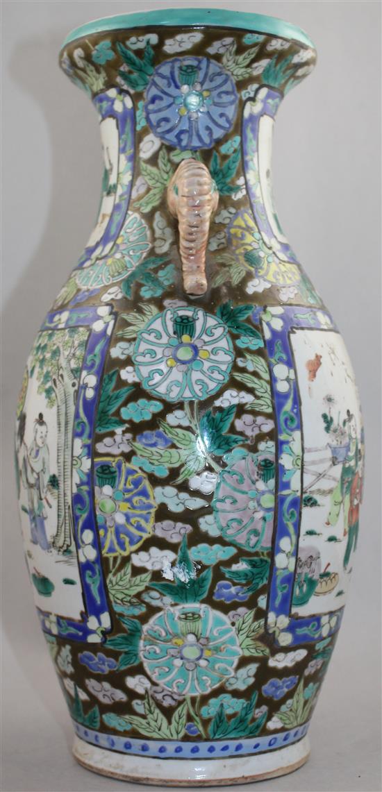 A Chinese famille verte two handled vase, late 19th / early 20th century, 38cm